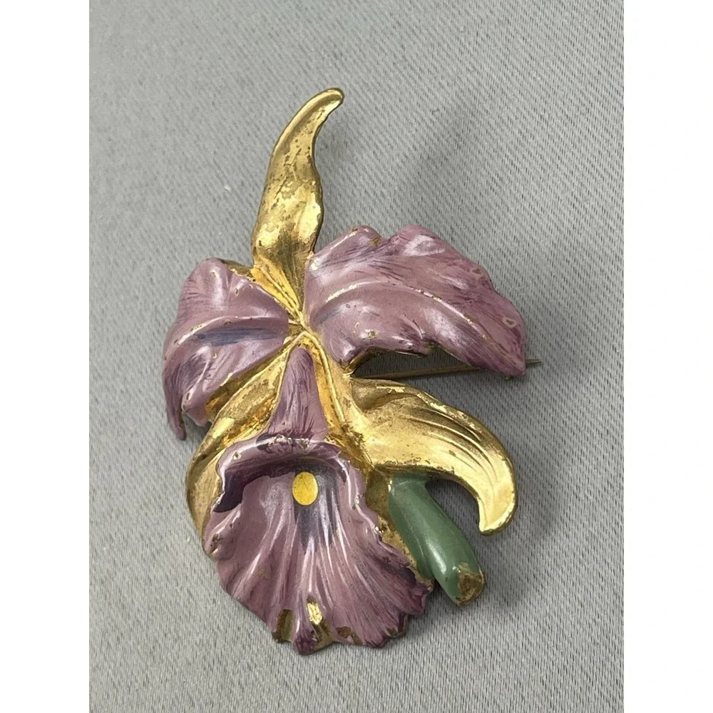 Vintage‎ Orchid Brooch Purple Gold-Tone 1950s Flower Pin Corsage Brooch Painted